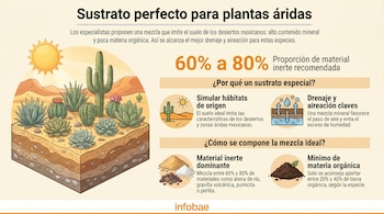 Infografía detallada sobre el sustrato ideal para plantas áridas, mostrando una sección transversal del suelo con cactus y suculentas, proporciones de materiales inertes y orgánicos.