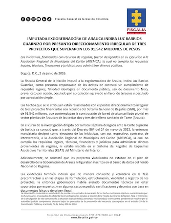 La exgobernadora Indira Luz Barrios enfrenta cargos por desvío de fondos de inversiones públicas en Arauca - crédito Fiscalía