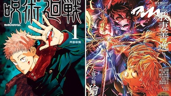 Dos portadas de manga; una presenta a un joven de cabello rosa con una mano herida, la otra muestra dos figuras de anime en combate