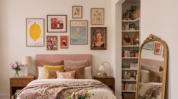 Habitación con cama de cabecero a rayas, cojines estampados, dos mesas de noche con lámparas, varios cuadros en la pared, estantería y espejo grande.