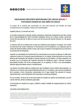 Los hechos ocurrieron el 2 de agosto de 2024, cuando la víctima fue hallada sin vida en una zona boscosa cerca de su escuela, según informó la Fiscalía en un comunicado - crédito Fiscalía General de la Nación