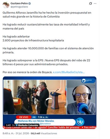 Petro defiende la Orden de Boyacá a Guillermo Alfonso Jaramillo y explica los motivos por los que se la puso - crédito @petrogustavo/X