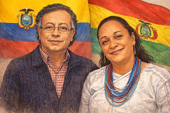 Dibujo de Gustavo Petro con gafas y suéter oscuro, junto a Elizabeth García en blusa blanca bordada y collares coloridos, frente a las banderas de Colombia y Bolivia.