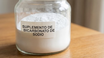 Frasco de vidrio transparente lleno de polvo blanco con una etiqueta que dice SUPLEMENTO DE BICARBONATO DE SODIO sobre una mesa de madera.