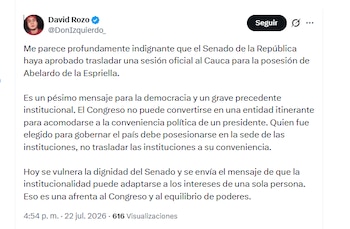 El activista David Rozo rechazó la decisión del Senado de aprobar el traslado del Congreso para la posesión de Abelardo de la Espriella - crédito @DonIzquierdo_/X