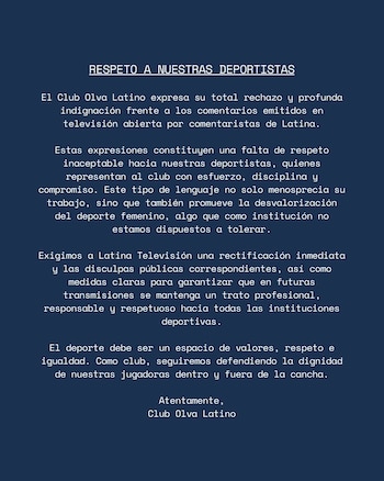 El comunicado de Olva Latino.