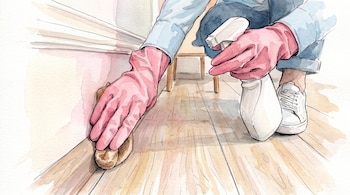 Manos con guantes rosas sostienen un paño y un pulverizador mientras limpian un piso de madera; también se ven jeans azules y zapatillas blancas.