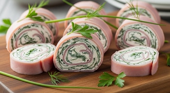Diez rollos de jamón y queso con relleno blanco y hierbas verdes, algunos con perejil fresco, sobre una tabla de madera marrón.