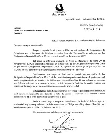 La notificación de Celulosa Argentina