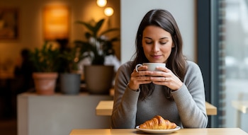 Mujer de cabello oscuro sosteniendo una taza de café en una cafetería bien iluminada, con una medialuna en un plato sobre la mesa.
