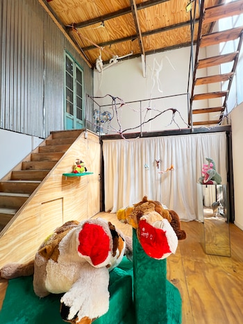 Interior de exposición de arte con techo de madera, paredes de metal corrugado, escaleras de madera y figuras de peluche; un gato se refleja en un espejo
