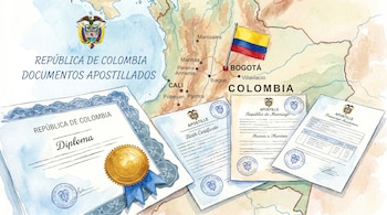 Ilustración acuarela de un mapa de Colombia con su bandera y el escudo nacional, rodeado por diplomas y certificados de nacimiento, matrimonio y notas académicas.