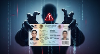 Unas manos sostienen una credencial del INE frente a un fondo digital con código binario y un signo de advertencia rojo.