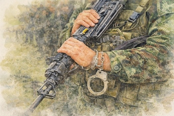 Un militar con uniforme de camuflaje sostiene un arma de fuego mientras tiene una de sus muñecas esposada - crédito