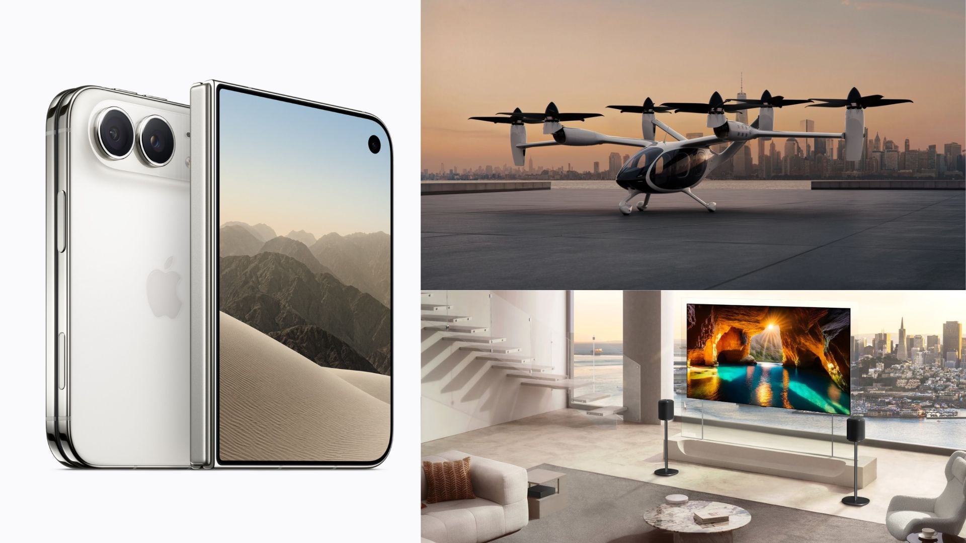Entre los dispositivos distinguidos hay un televisor inalámbrico, un taxi aéreo y herramientas de inteligencia artificial. (Apple / Joby Aviation / LG)