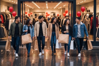 Seis personas jóvenes caminan en fila con bolsas de compra frente a la entrada de una tienda con globos rojos flotando.