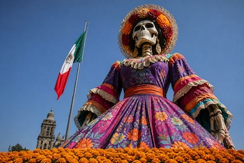 Escultura de catrina con vestido morado floral y sombrero sobre flores de cempasúchil, junto a la bandera mexicana y la torre de la catedral.
