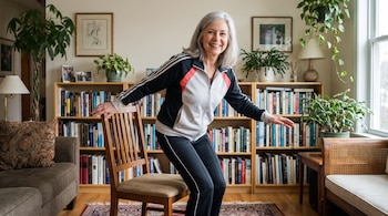 Una mujer sonriente con cabello gris y ropa deportiva se levanta de una silla de madera. Detrás hay estanterías con libros y plantas.