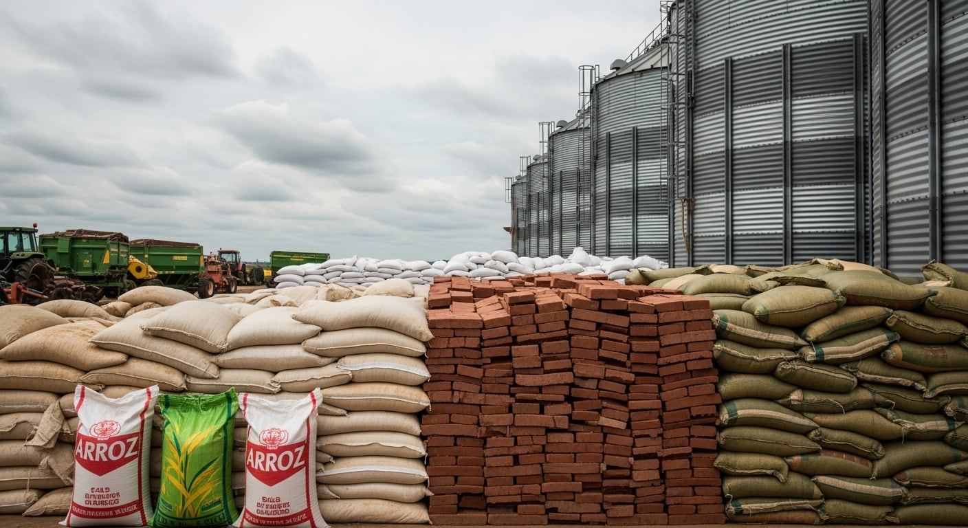 Silos metálicos de almacenamiento de arroz se ven completamente llenos, con miles de sacos de arroz apilados en el exterior (Imagen Ilustrativa Infobae)