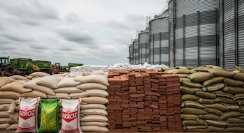 Vista general de silos metálicos de almacenamiento de arroz en Venezuela, con grandes pilas de sacos de arroz en el primer plano y maquinaria agrícola detenida al fondo.