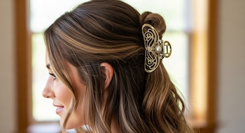 Mujer de perfil con cabello castaño y ondulado, lleva un medio recogido sujetado por una pinza de pelo dorada con diseño floral y perla.