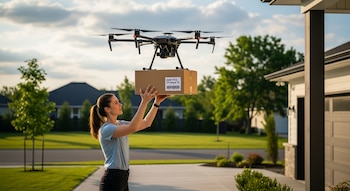 Mujer con camiseta azul claro y pantalón oscuro de pie en el camino de entrada, recibiendo un paquete de cartón de un dron de entrega negro.