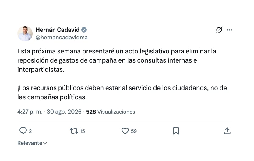 El senador Hernán Cadavid, del Centro Democrático, anunció a través de este mensaje un proyecto de ley para eliminar desembolsos en consultas interpartidistas - crédito @hernancadavidm/X