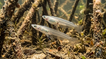 Dos peces pequeños de cuerpo translúcido nadan horizontalmente cerca del fondo, rodeados por raíces e hilo de vegetación.