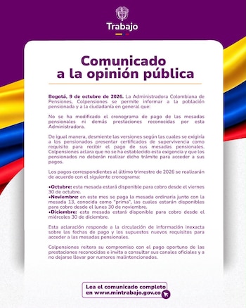 Colpensiones aclaró que no se solicitarán nuevos trámites a los beneficiarios para acceder a sus mesadas - crédito @MintrabajoCol/X