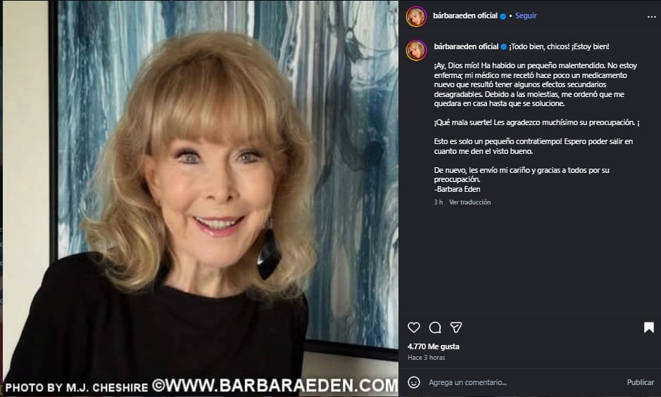 Barbara Eden aclaró que solo fue un malestar por un medicamento lo que la hizo retirarse. (Instagram)