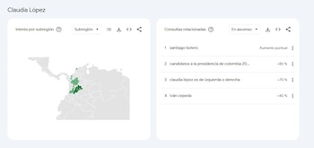 Claudia López. Los departamentos donde otros candidatos registran picos de popularidad confirman que existen zonas con comportamientos de búsqueda diferenciados - crédito Google Trends