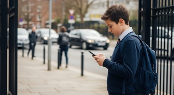 Un niño de perfil con uniforme escolar y mochila mira la pantalla de su teléfono móvil. Al fondo, autos, personas y un edificio borrosos en un entorno urbano.