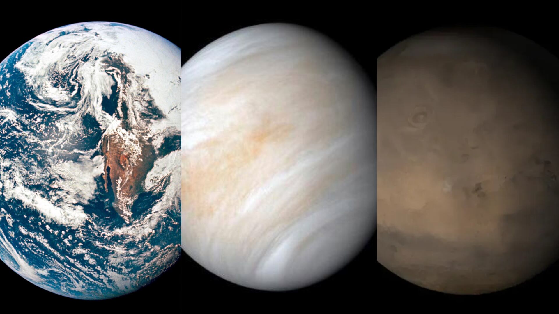 La comparación entre los tres planetas ilustra cómo condiciones y procesos internos conducen a trayectorias geológicas únicas (NASA)