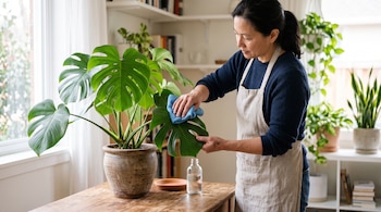 Una mujer con delantal limpia con un paño azul una planta monstera en maceta sobre una mesa de madera en una habitación luminosa.