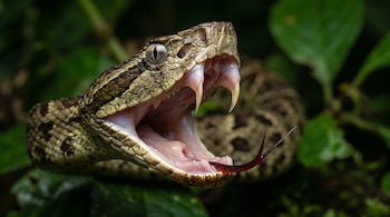 Cabeza de serpiente con la boca abierta, colmillos retráctiles expuestos, lengua bífida y escamas en tonos marrón y verde.