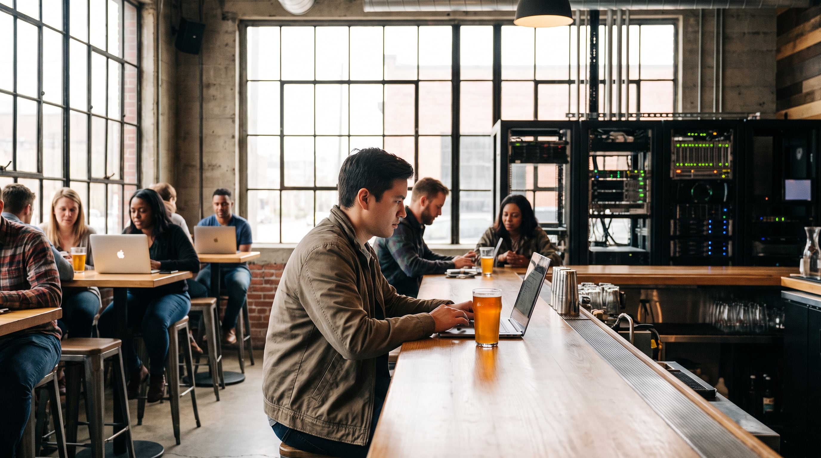 Un cliente utiliza su computadora portátil junto a un vaso de cerveza en la barra de un establecimiento equipado con servidores informáticos. (Imagen Ilustrativa Infobae)