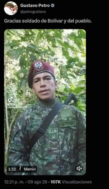 Gustavo Petro publicó en X un video en el que un supuesto militar le agradece su gestión y lo define como “el mejor de los presidentes que hubo en Colombia” - crédito @petrogustavo / X