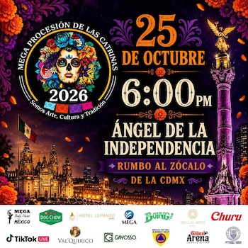 Cartel con una catrina, el Ángel de la Independencia, la catedral iluminada, flores de cempasúchil y diversos logotipos de patrocinadores