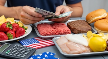 Manos cuentan dólares. Sobre una mesa, carne picada, pollo, hamburguesa, pan, frutillas, papas fritas, limón, bandera de Estados Unidos y calculadora.