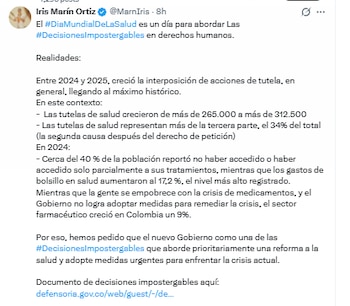 Petición de Iris Marín al Gobierno sobre una reforma a la salud - crédito @MarinIris/X