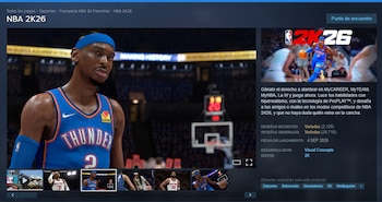 Pantalla del videojuego NBA 2K26 en Steam. Muestra un jugador de baloncesto con camiseta azul Thunder y el logo del juego