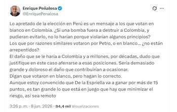 Enrique Peñalosa aprovechó los resultados electorales de Perú para cuestionar el voto en blanco - crédito @EnriquePenalosa/X