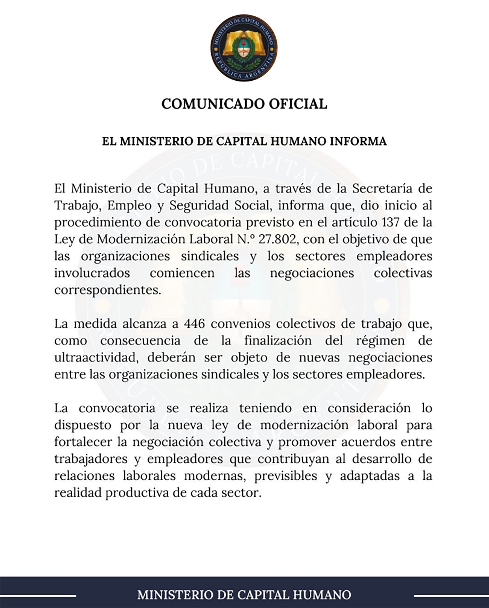 El comunicado del Ministerio de Capital Humano para anunciar el llamado a renegociar 446 convenios colectivos de trabajo
