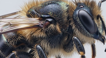 Primer plano de una abeja mostrando su cuerpo peludo y partes del exoesqueleto con colores iridiscentes azules, verdes y dorados en un fondo claro.