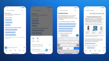 Cuatro pantallas de smartphone con la aplicación Amazon Alexa. Muestran la interfaz de asistente de compras, acciones programadas y recomendaciones de productos