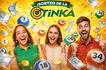 Ilustración vibrante de tres personas celebrando con puños en alto, rodeadas de billetes, monedas y bolillas de lotería, con el logo de La Tinka sobre un fondo amarillo.