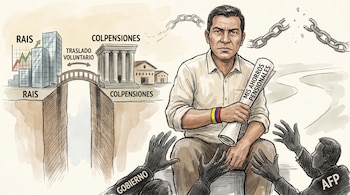 Ilustración: hombre sostiene ahorros pensionales. A su lado, edificios RAIS y Colpensiones, un puente. Manos con etiquetas Gobierno y AFP. Cadenas rotas arriba.