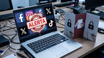 Laptop con pantalla que muestra logos de redes sociales y sello "POLICIA ALERTA", junto a un folleto con candados y manos tomando notas en un escritorio.