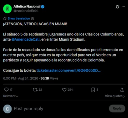 Así fue el anuncio oficial de Atlético Nacional para el amistoso ante América de Cali en el estadio del Inter Miami-crédito @nacionaloficial/X