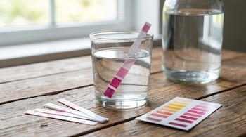 Primer plano de un vaso de agua con una tira reactiva rosada sumergida, junto a una botella de agua y una tabla de colores sobre una mesa de madera.